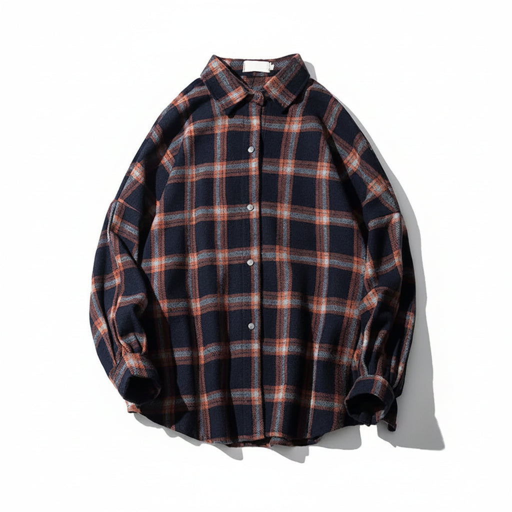 Oversized Vintage Plaid Shirt Men – Thick Long-Sleeve Streetwear Blouse-HighTouch