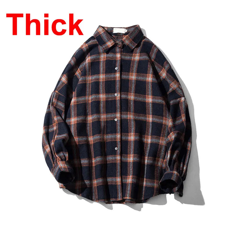 Oversized Vintage Plaid Shirt Men – Thick Long-Sleeve Streetwear Blouse