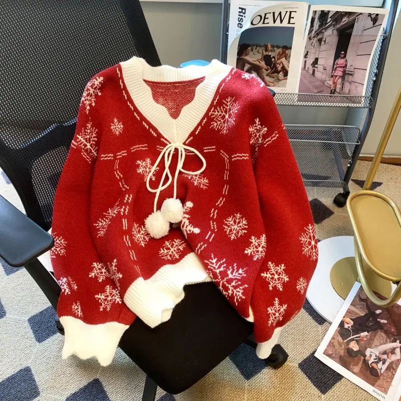 Women's V-Neck Pom-Pom Tie Christmas Sweater