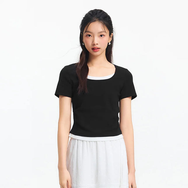 Sleek Fake Two‑Piece Cropped Tee – Slimming U‑Neck for Chic