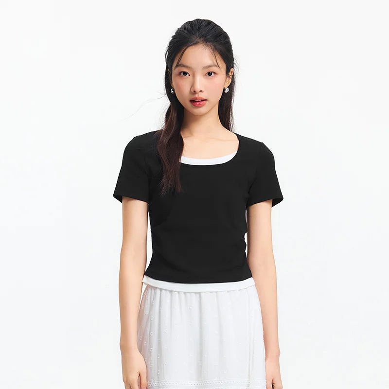 Sleek Fake Two‑Piece Cropped Tee – Slimming U‑Neck for Chic-HighTouch