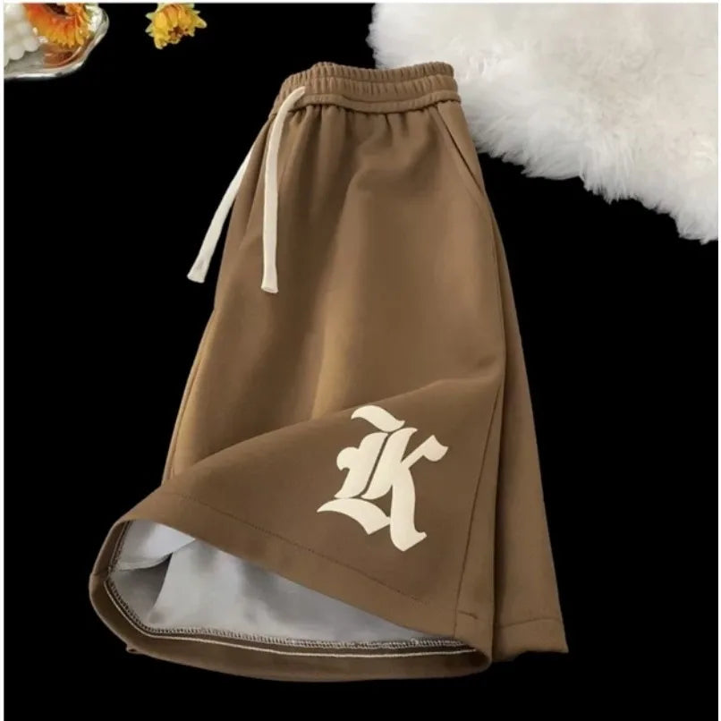 Oversized Samurai-Style Shorts – Gothic Alphabet Print Baggy Streetwear-HighTouch
