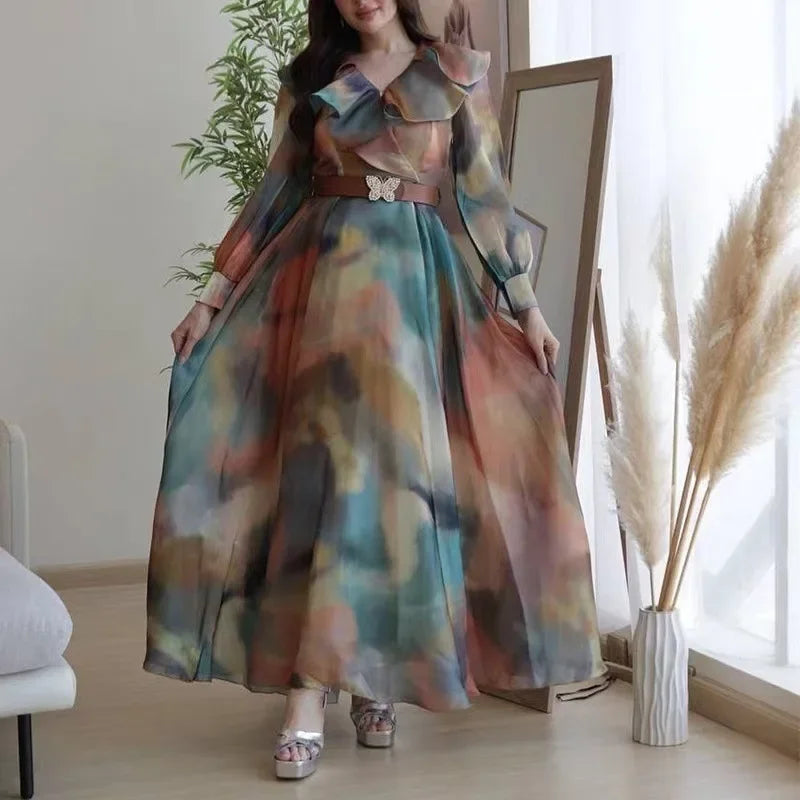 Elegant Printed Long-Sleeve Belted Maxi Dress Women