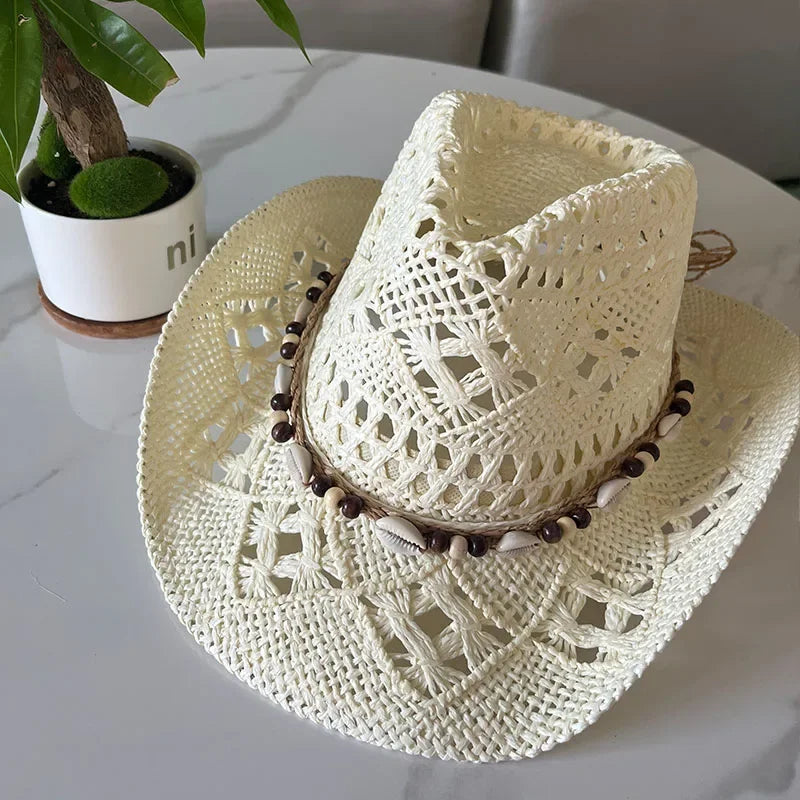 Bohemian Straw Cowboy Sun Hat – Wooden Beads