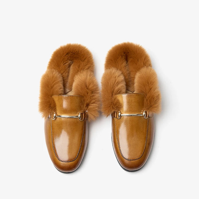Beau Today Women's Calfskin Leather Mules with Rabbit Fur Lining