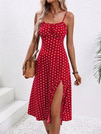 Polka-Dot Spaghetti Strap Midi Dress-HighTouch