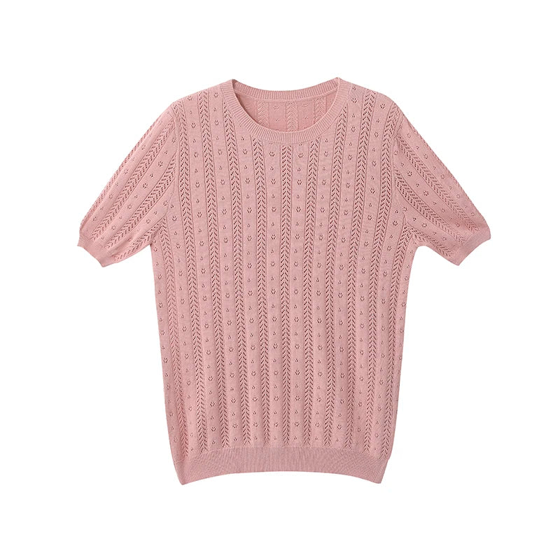 Distressed 100% Cotton Tee – Korean Knit Summer Top-HighTouch