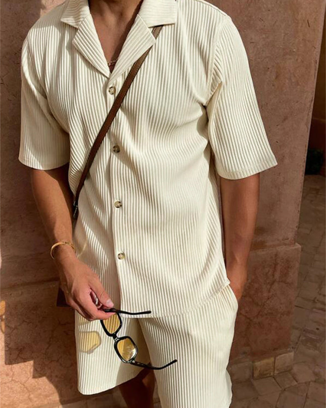 Men’s Corduroy Beach Casual Set – Short Sleeve Shirt & Shorts