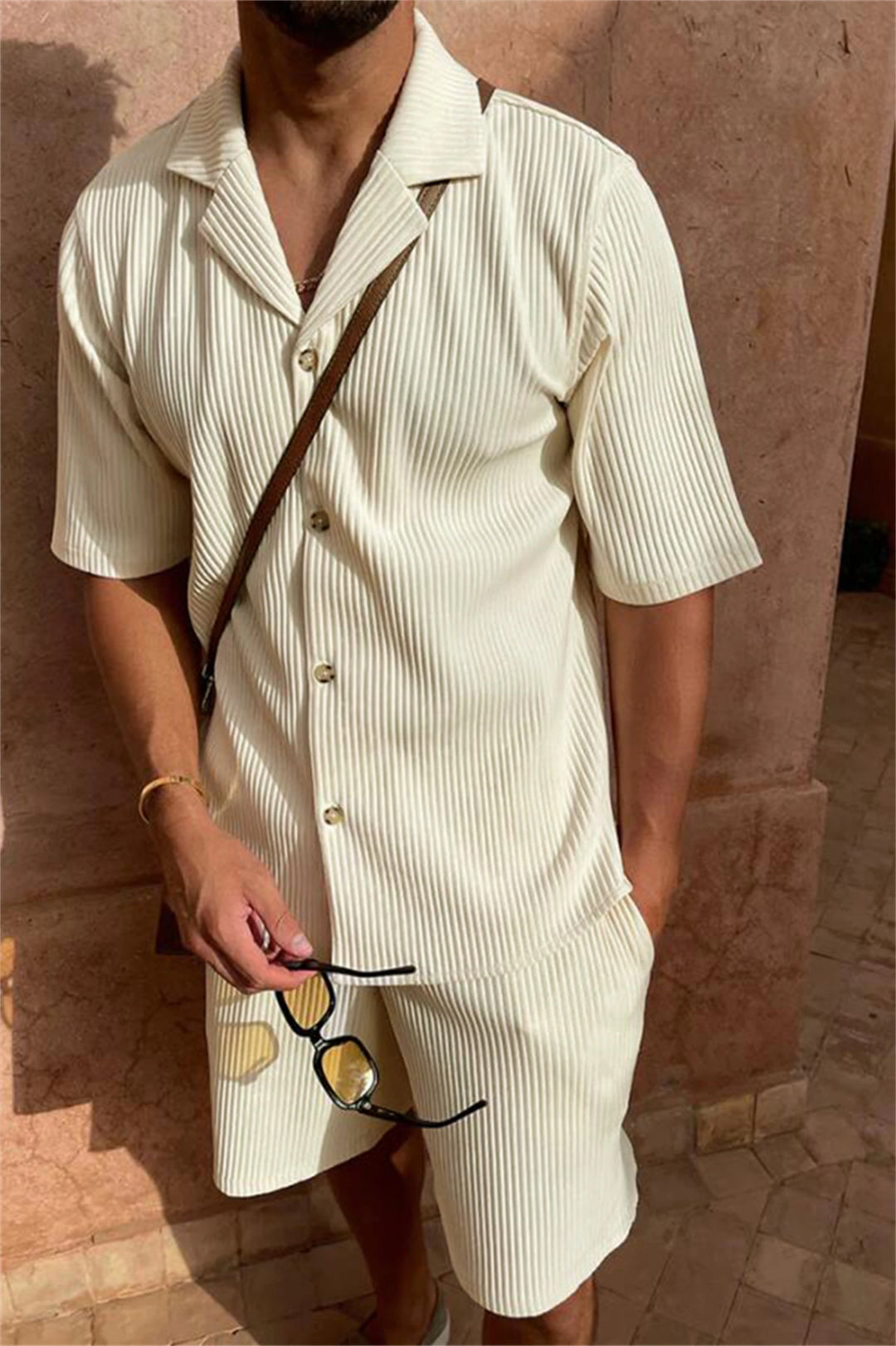 Men’s Corduroy Beach Casual Set – Short Sleeve Shirt & Shorts-HighTouch