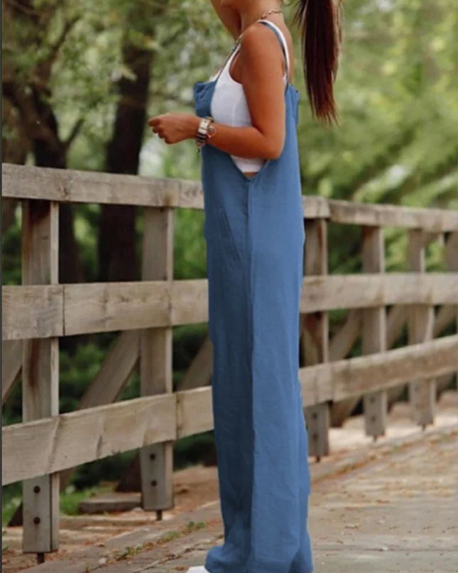 Women's Sleeveless Suspender Jumpsuit with Pockets – Loose Casual Wide-Leg Romper