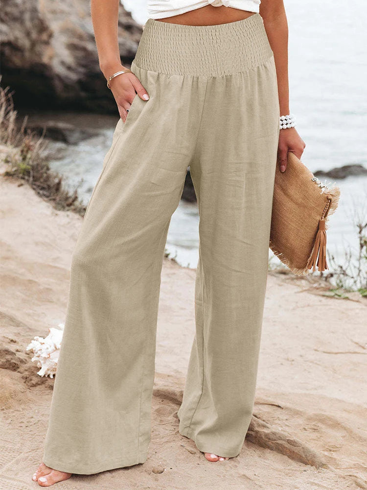 Plus-Size High-Waist Wide-Leg Cotton-Linen Pants – Retro Casual Elastic Trousers-HighTouch