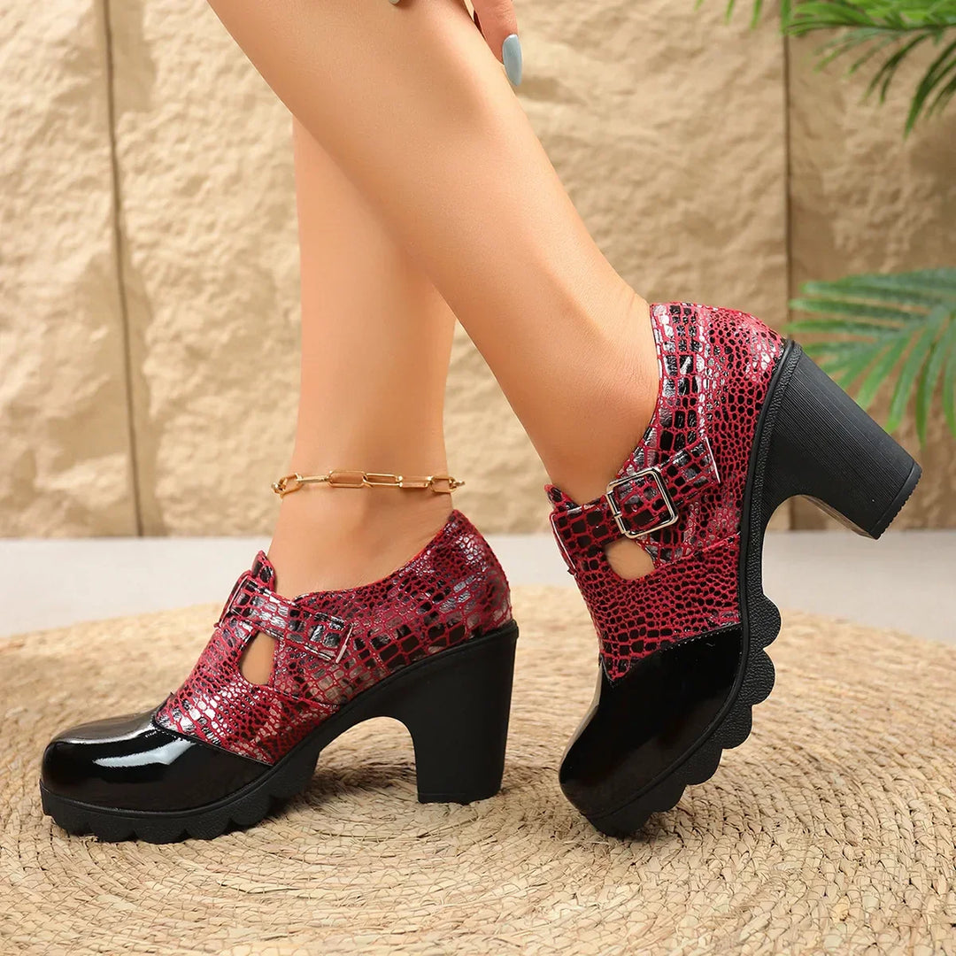 Women's Croc Print Block Heel Sandals Pointed Toe