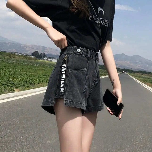 Y2K Harajuku Wide Mini Denim Shorts – Elastic Punk Print Jean Shorts for Women