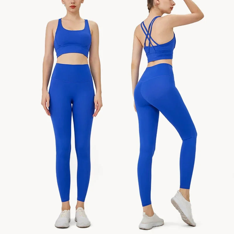 Summer New 2 Piece Yoga Clothes Women's Tracksuit Athletic Cross Back Nylon Yoga Top Women Sports Bra Leggings Pilates Fitness-HighTouch