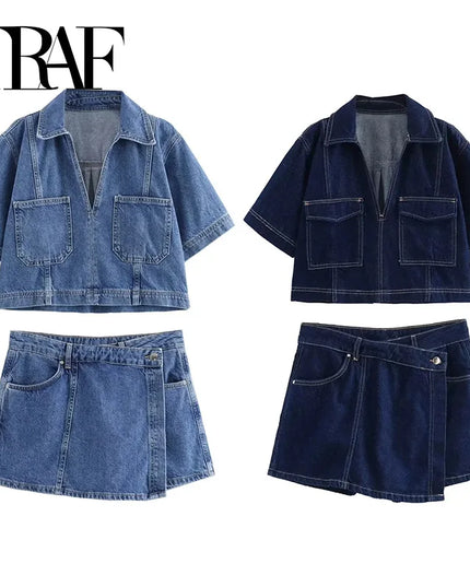 TRAF Blue Denim Shirt Woman Short Sleeve Cropped Shirt Women Summer Short Tops Woman Streetwear Y2k Stylish Women's Blouse