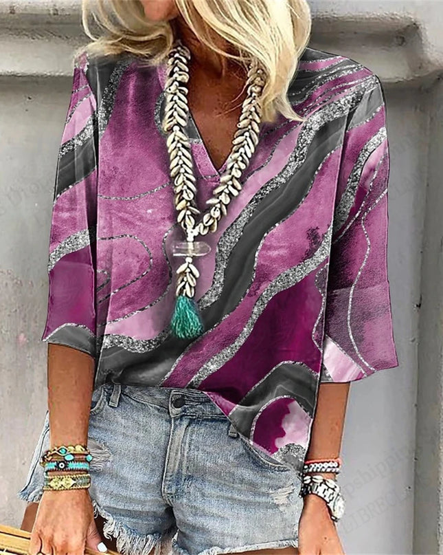 Vintage 3D Floral Oversized V‑Neck Tee – Breezy Summer Style