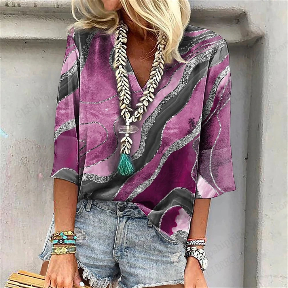 Vintage 3D Floral Oversized V‑Neck Tee – Breezy Summer Style