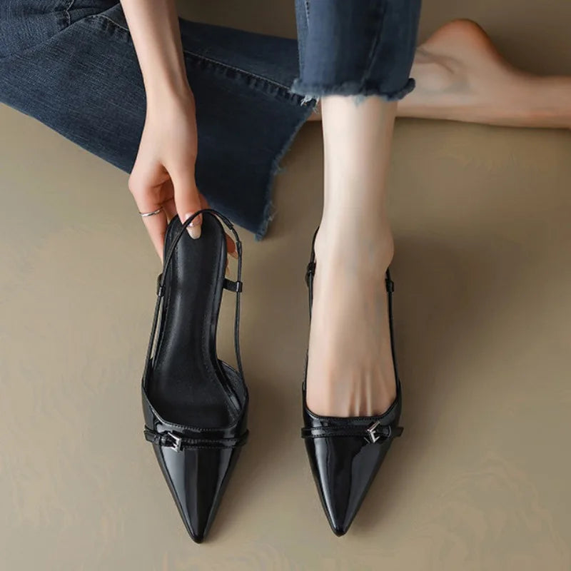 Mid-Heel Pointed Patent Leather Sandals Women-HighTouch