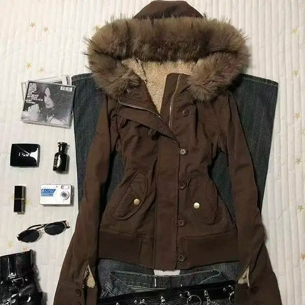 Winter Jacket Women Hooded Faux Fur Trim Fleece Lined Slim Coat