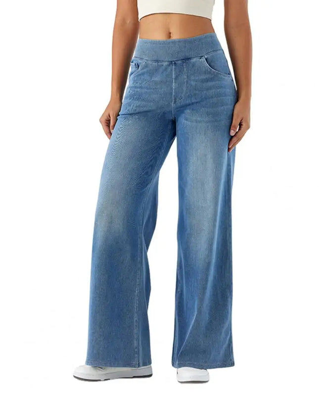 High-Waist Full-Length Solid Colour Jeans – Straight-Wide Leg with Elastic Waist & Pockets