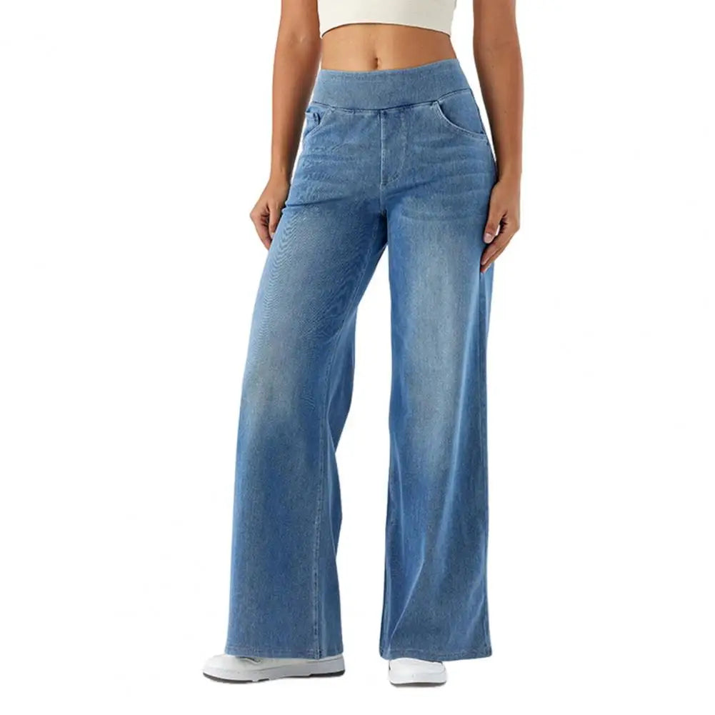 High-Waist Full-Length Solid Colour Jeans – Straight-Wide Leg with Elastic Waist & Pockets-HighTouch