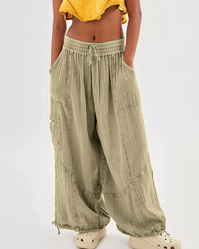 Beach Linen Wide-Leg Pants – High-Waist Palazzo Loose Harem Pants with Pockets