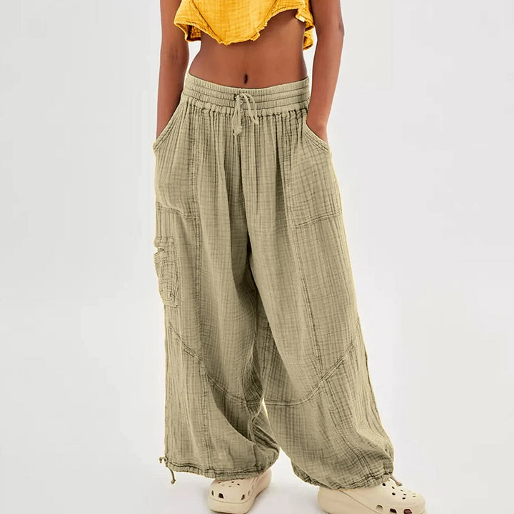 Beach Linen Wide-Leg Pants – High-Waist Palazzo Loose Harem Pants with Pockets-HighTouch