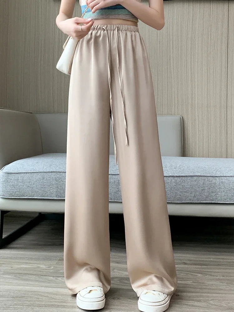 Cool & Chic – Ice Silk Satin High-Waist Wide-Leg Pants-HighTouch