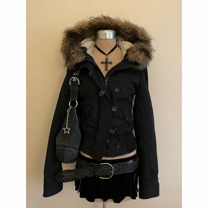 Winter Faux Fur Hood Jacket Women Y2K Vintage Gothic Parka