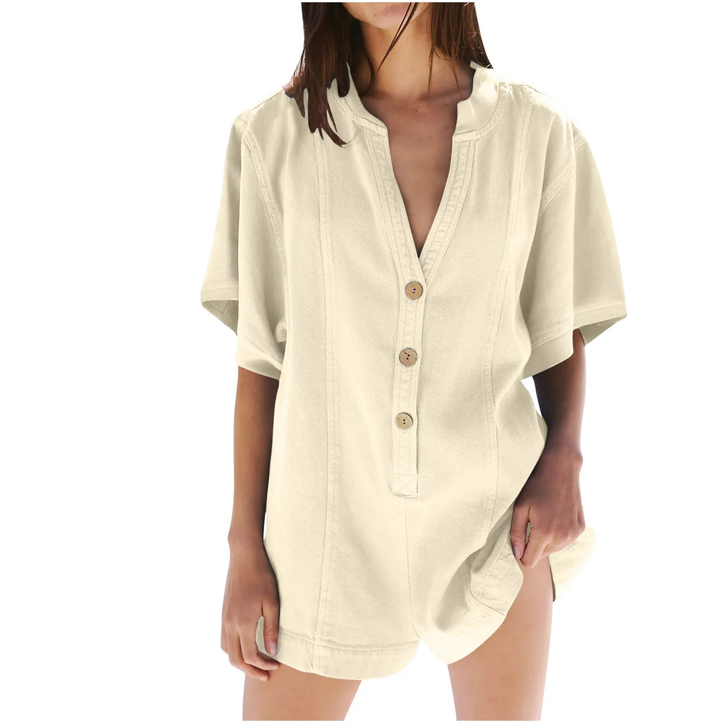 Plus‑Size Button‑Front Short‑Sleeve Romper-HighTouch
