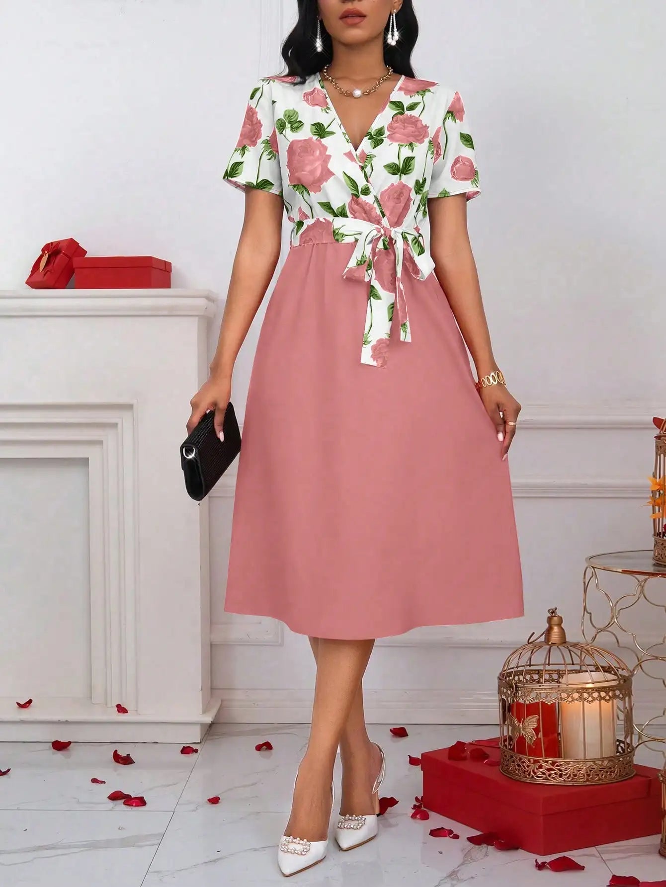 Women's Floral Print V-Neck Tie Waist Midi Dress