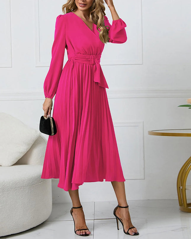 Long-Sleeve Wrap Pleated Midi Dress with Belt