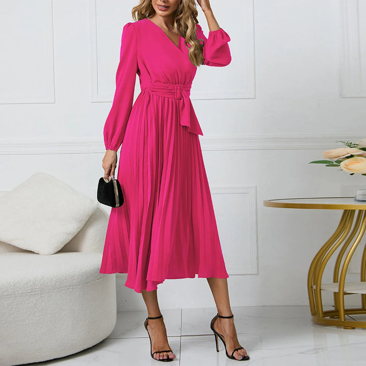 Long-Sleeve Wrap Pleated Midi Dress with Belt-HighTouch