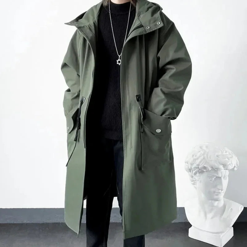 Army Green Hooded Mid-Length Windbreaker Coat Men-HighTouch