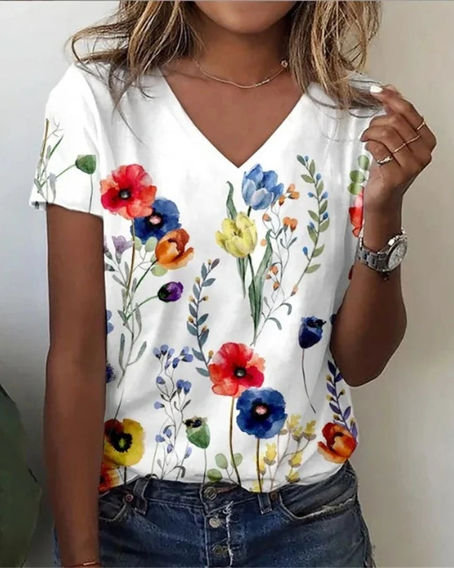 Vintage Floral 3D Print V‑Neck Tee – Oversized Harajuku Style