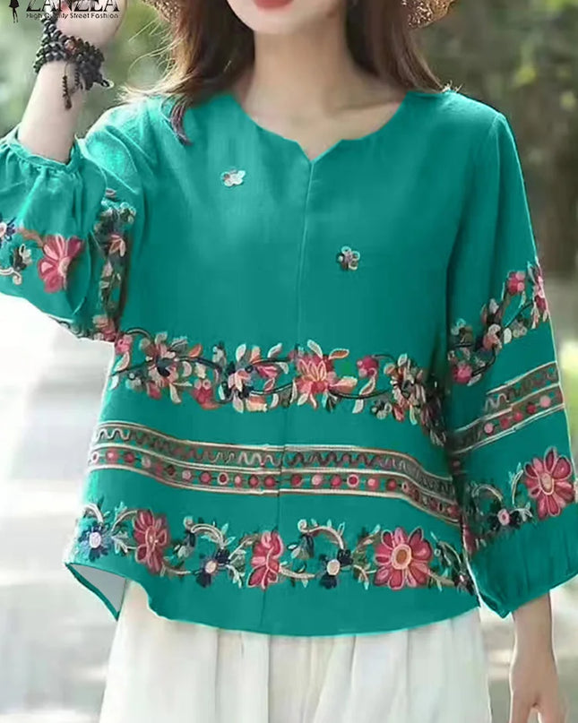 ZANZEA Vintage Boho V-Neck Blouse – Lantern Sleeve Pullover