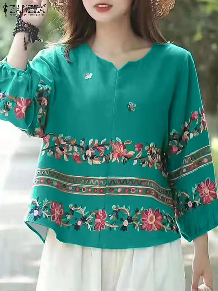 ZANZEA Camicetta Vintage Boho con Scollo a V – Maglia a Maniche a Lanterna