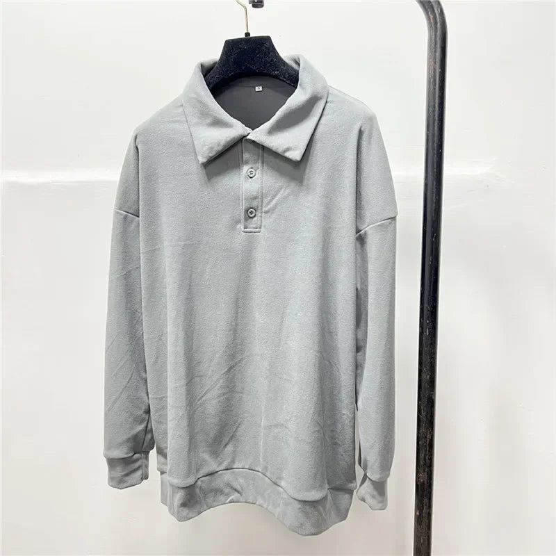 Solid Long Sleeve Men's Polo Shirt – Slim Fit Button Neck Pullover-HighTouch