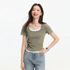 Sleek Fake Two‑Piece Cropped Tee – Slimming U‑Neck for Chic-HighTouch
