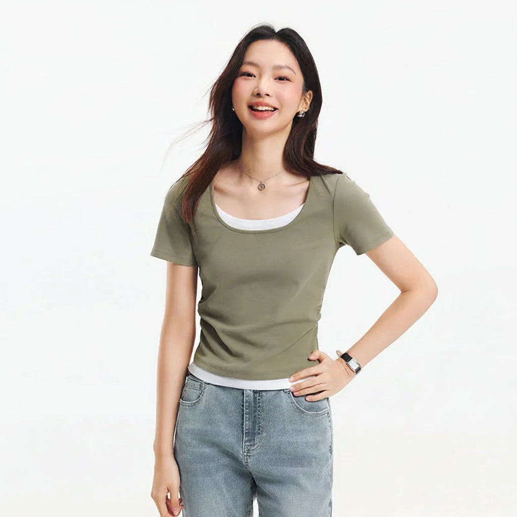 Sleek Fake Two‑Piece Cropped Tee – Slimming U‑Neck for Chic-HighTouch