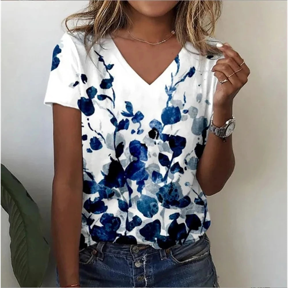 Vintage Floral 3D Print V‑Neck Tee – Oversized Harajuku Style-HighTouch