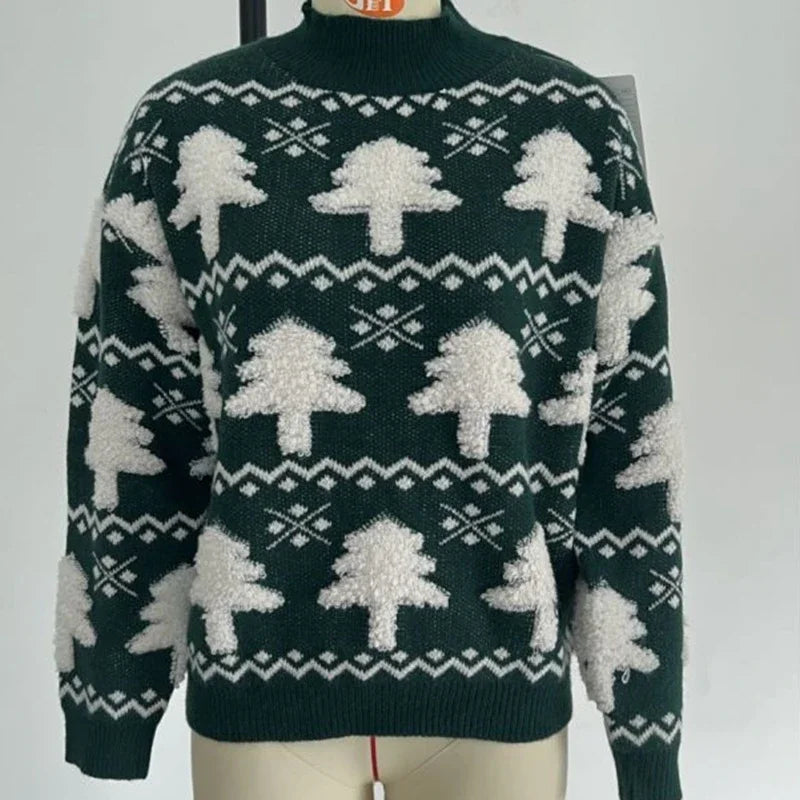 Women's Textured Motif Christmas Crew Neck Knit Sweater