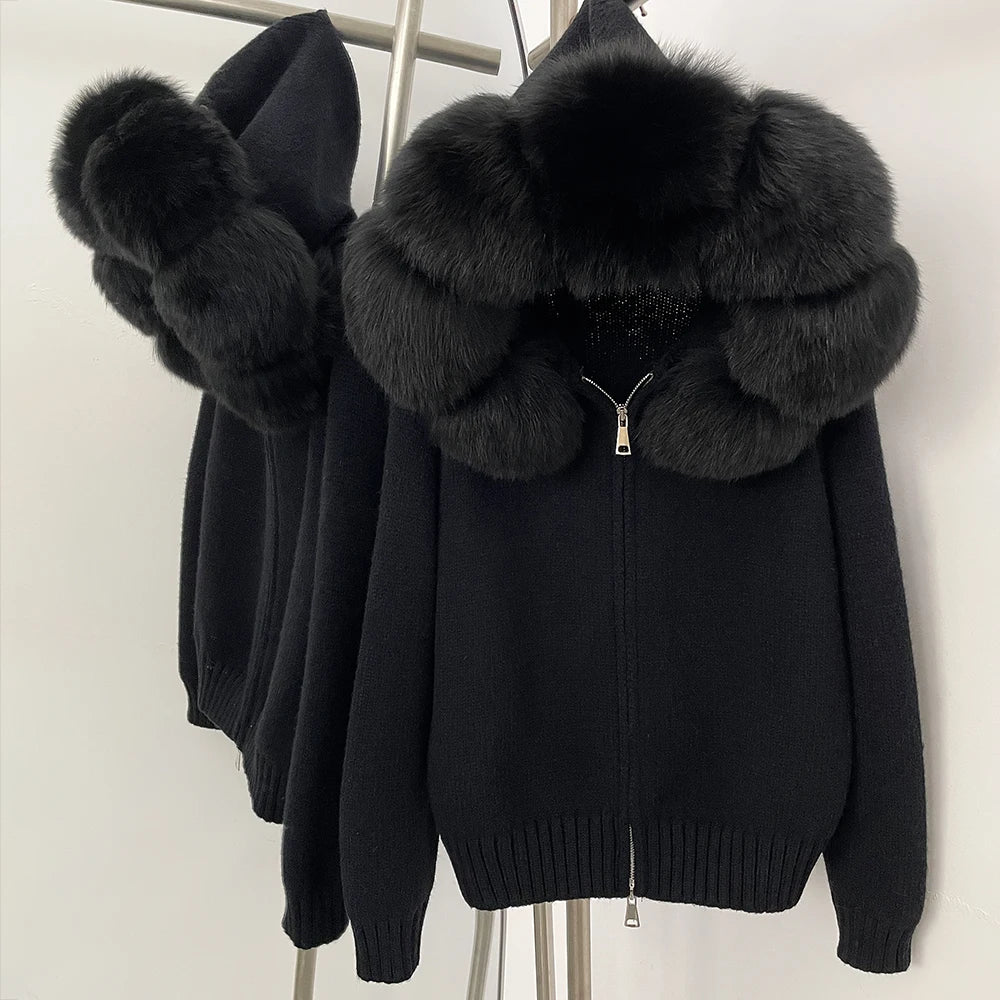 Women’s Hooded Knit Cardigan with Real Fox Fur – Casual Short Coat-HighTouch