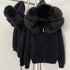 Women’s Hooded Knit Cardigan with Real Fox Fur – Casual Short Coat-HighTouch