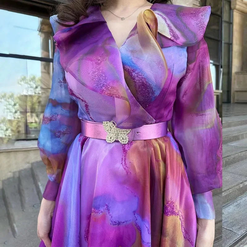 Elegant Printed Long-Sleeve Belted Maxi Dress Women
