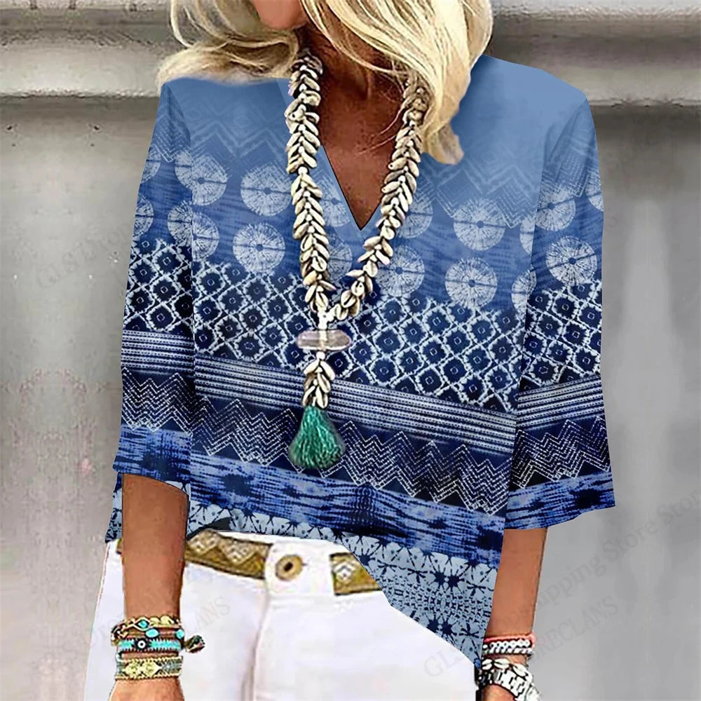 Vintage 3D Floral Oversized V‑Neck Tee – Breezy Summer Style