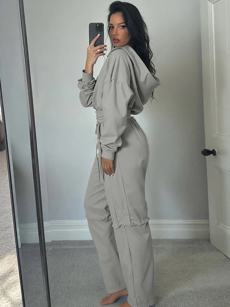 Women’s Panel-Stripe Hoodie & Wide-Leg Tracksuit Set – Sporty Retro Comfort-HighTouch