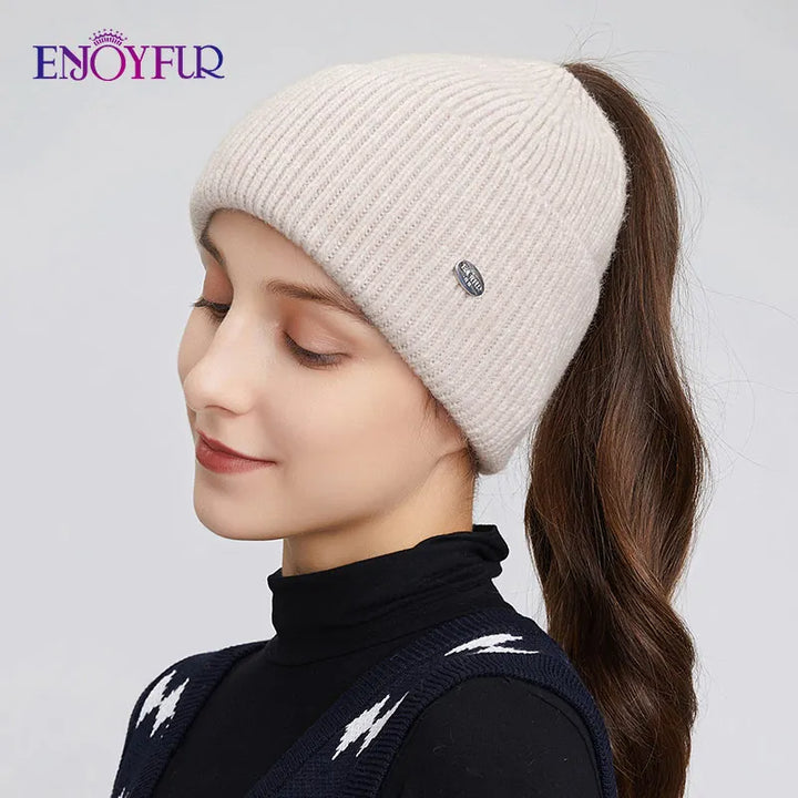 Enjoy Fur Women’s Winter Knit Ponytail Beanie-HighTouch