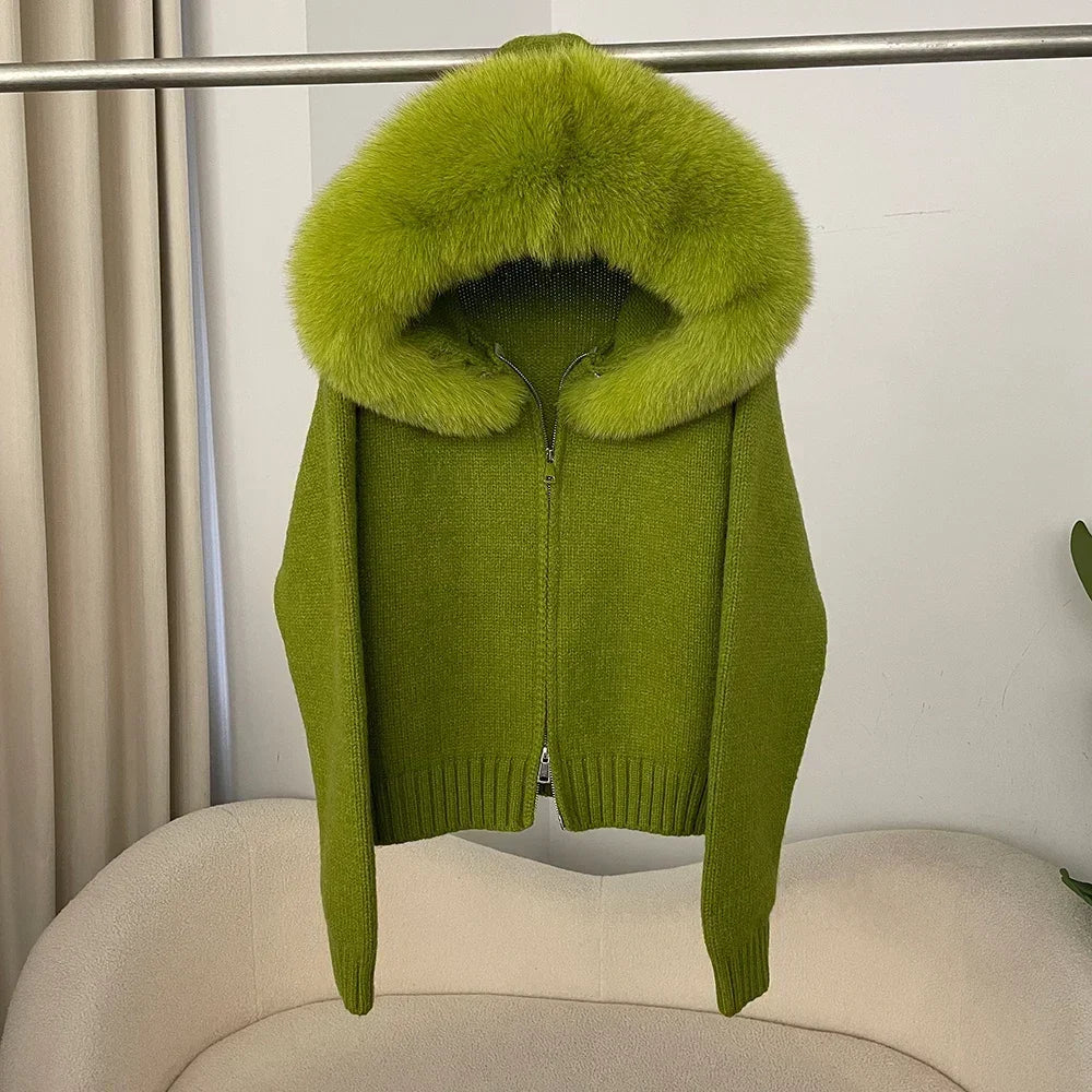 Women’s Hooded Knit Cardigan with Real Fox Fur – Casual Short Coat-HighTouch