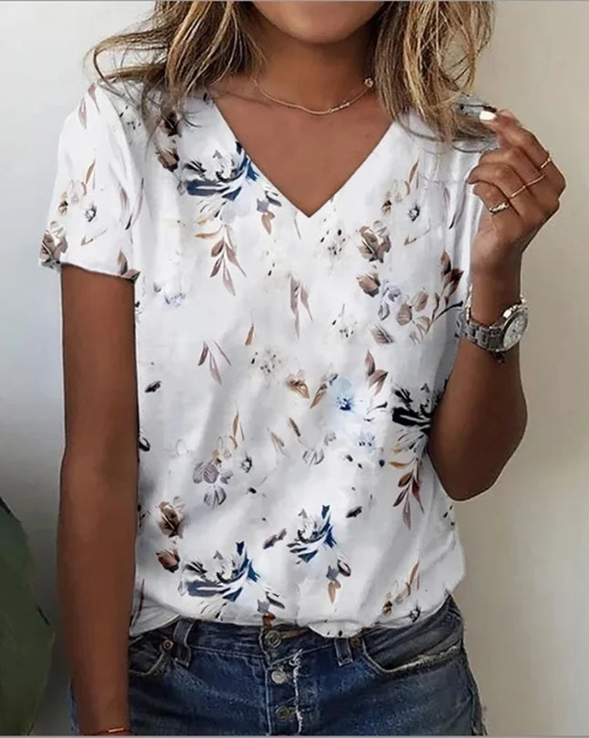 Vintage Floral 3D Print V‑Neck Tee – Oversized Harajuku Style